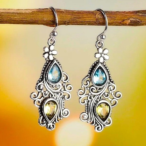 Vintage Blue Amber Crystal Earrings Silver Dangle Handmade - Picture 3 of 6